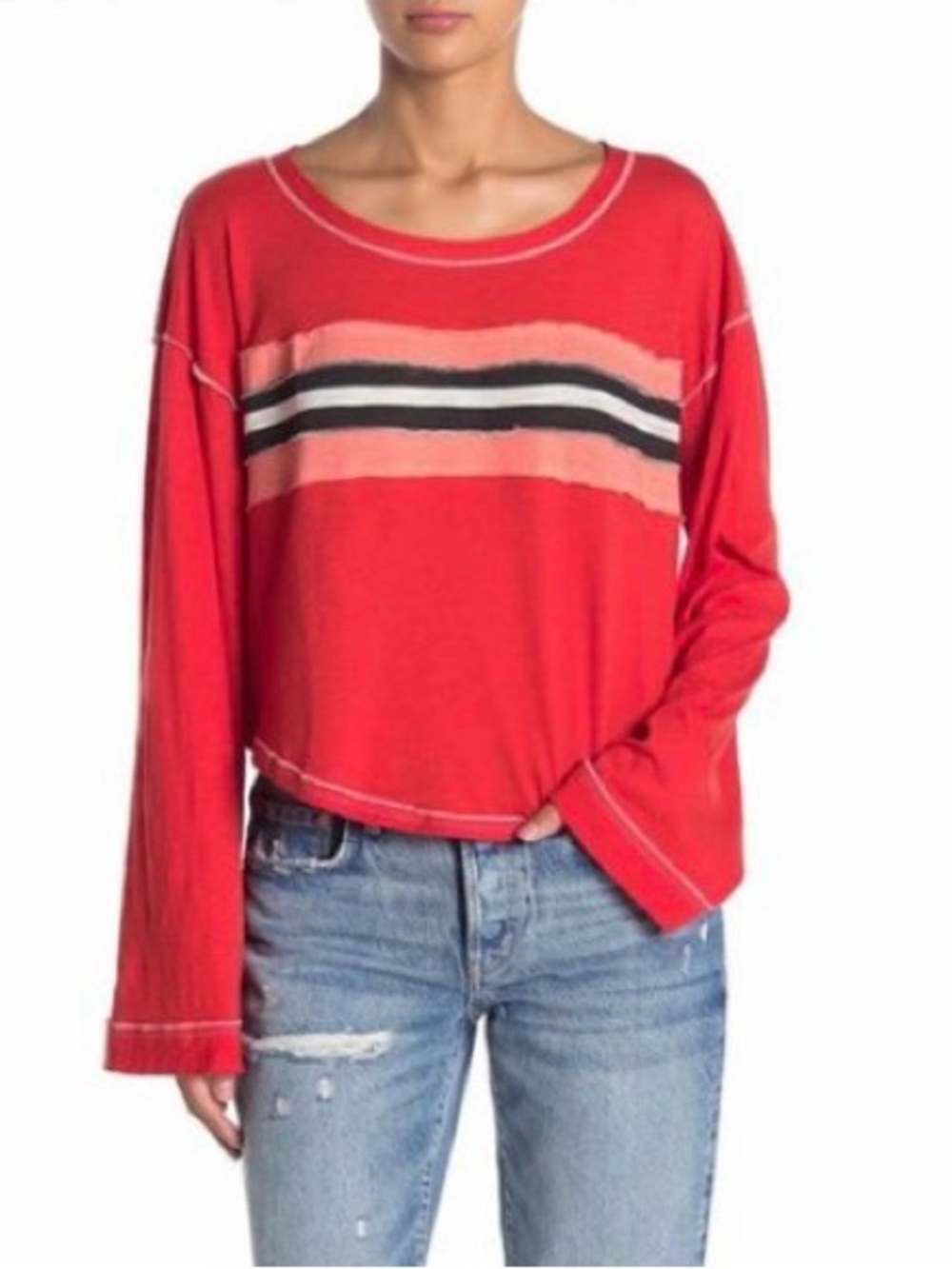 We The Free Red Long-Sleeve Retro SportyCrop Top with Striped Band Small